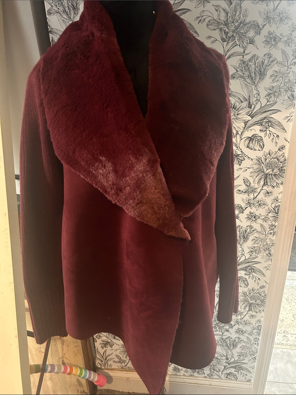 New York & Company Burgundy Shawl-Collar Teddy Jacket